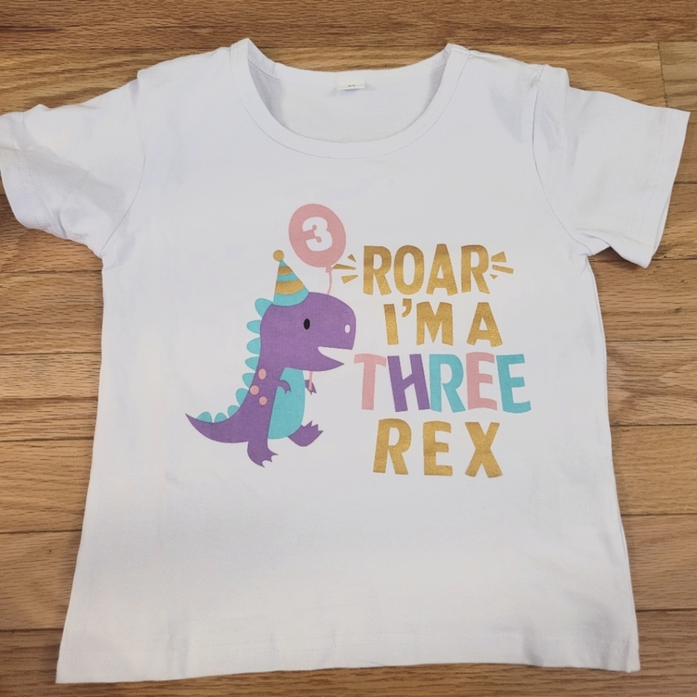Three Rex Short Sleeve Birthday Tee with Dinosaur Graphic | 3T